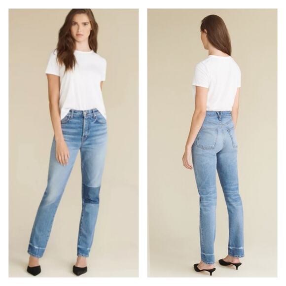 Veronica Beard Ryleigh High Rise Straight Leg Patch Knee Jeans Size 24 - Picture 1 of 13